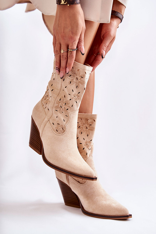 Модні замшеві ковбойські чоботи з квіточками бежеві Coralie