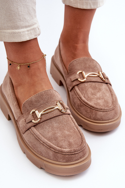 Жіночі лофери із золотистим декором з еко-замші коричневого кольору Lighas