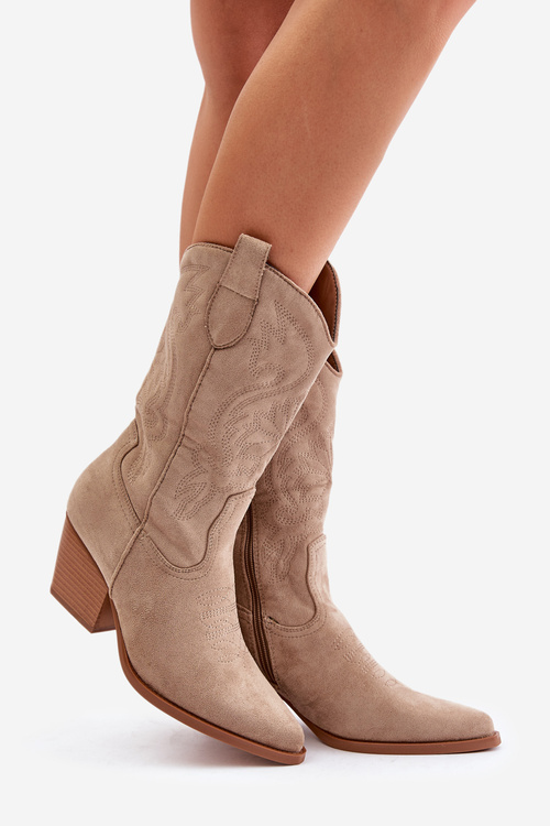 Жіночі ковбойські чоботи на каблуці з еко замші бежеві Wendlis