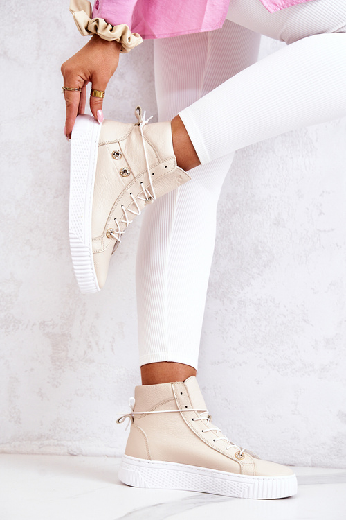 Чоботи високі шкіряні кросівки бежево-білі Ashlee