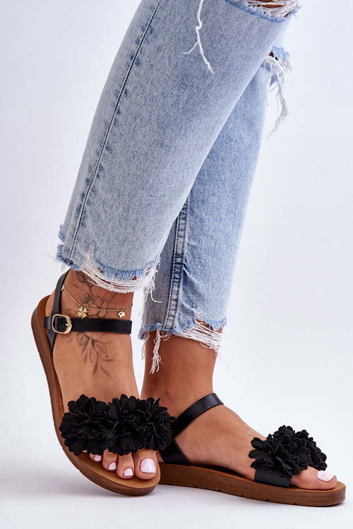 Жіночі босоніжки з текстильними квітами Чорні Fiori