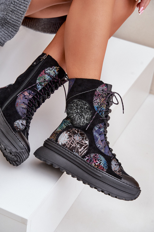 Шкіряні замшеві ботильйони на платформі Теплі чорні 06565-01