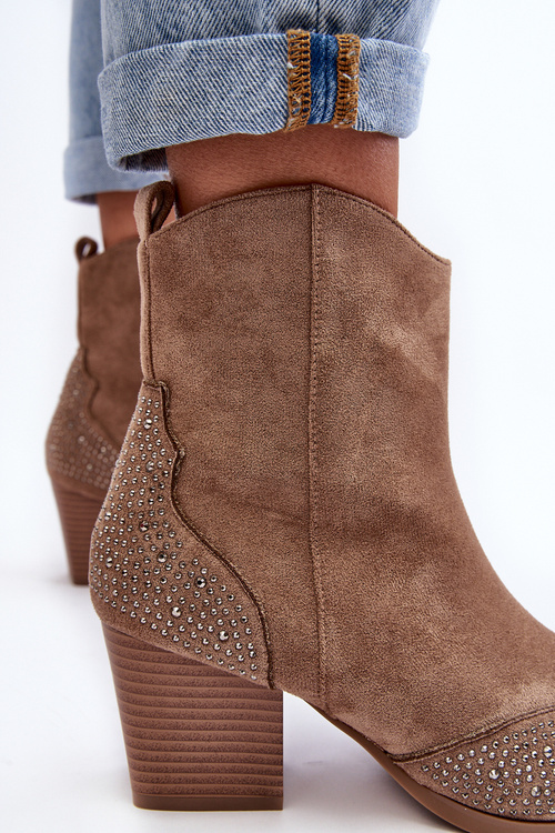 Жіночі ковбойські чоботи на каблуці з прикрасами бежеві Eleduana