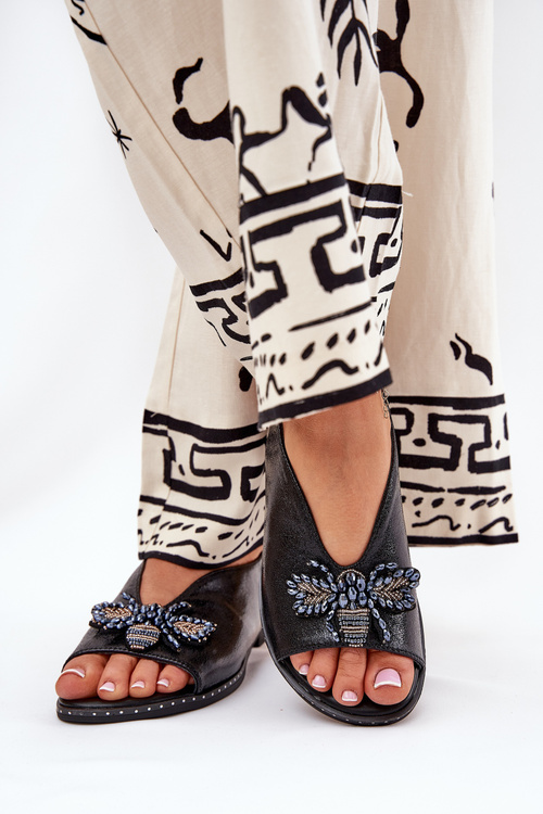 Блискучі Жіночі Сандалі З Декорацією Плоскі Чорні Russona