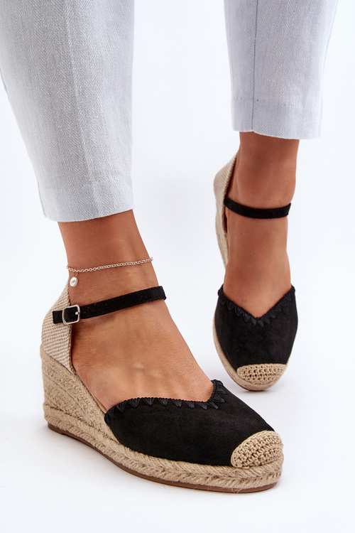 Замшеві босоніжки еспадрільї на танкетці та плетеній плетеній лінії Raylin чорного кольору