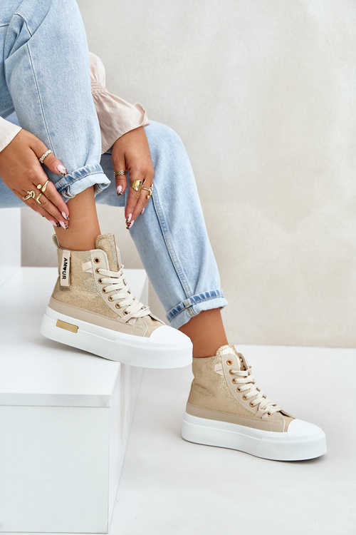 Жіночі високі кросівки на платформі бежево-золоті Averira