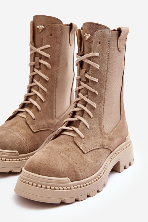 Жіночі замшеві ботильйони на шнурівці бежеві Nicole 2836