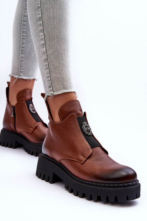 Жіночі шкіряні чоботи з орнаментом коричневі Lusanna