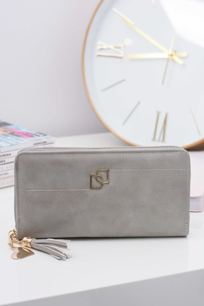 Жіночий сірий великий гаманець із брелоком із китицями