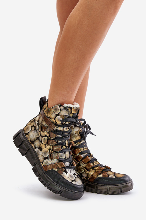 Шкіряні плоскі черевики на шнурівці Maciejka 06158-25 золото