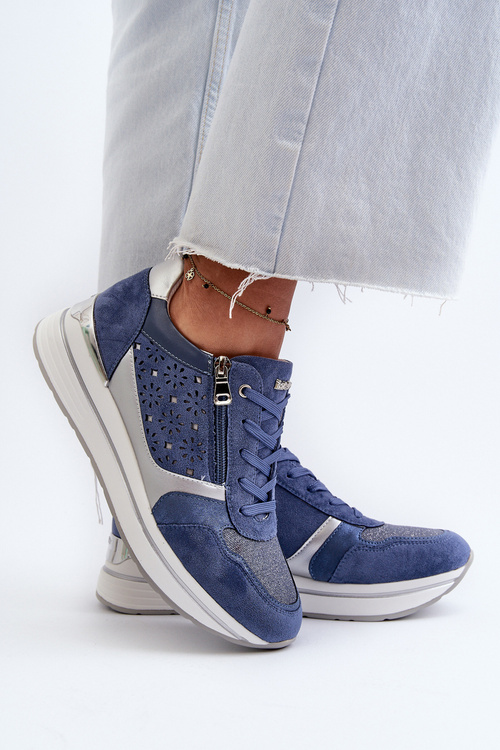 Жіночі кросівки на платформі з мереживним малюнком і парчою INBLU IN000372 Сині