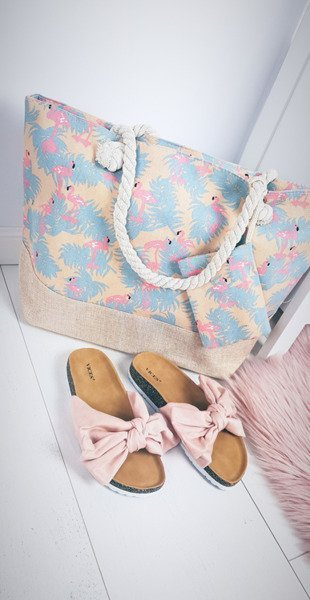 Пляжна велика бежева сумка Сумка жіноча фламінго