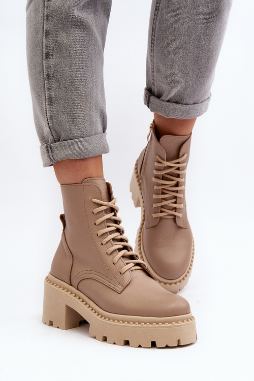 Бежеві шкіряні жіночі ботильйони Zazoo 3413 на масивному каблуці