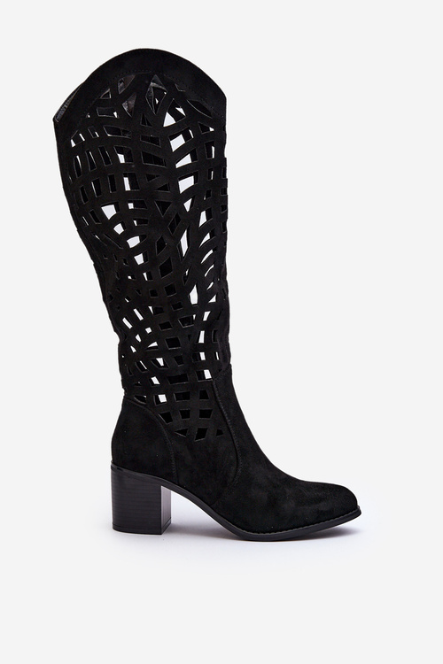 Чорні ажурні чоботи на підборах Pinkema