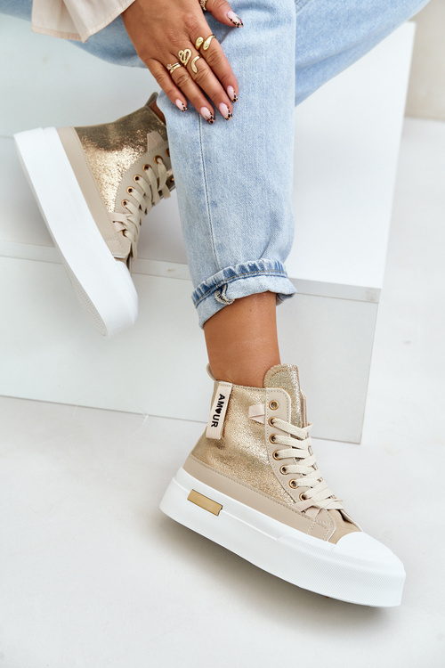 Жіночі високі кросівки на платформі бежево-золоті Averira