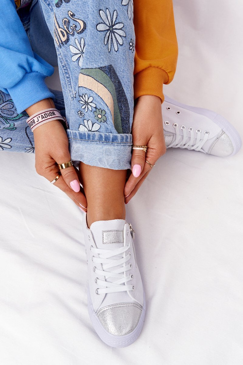 Жіночі кросівки на блискавці біло-сріблясті фестивальні