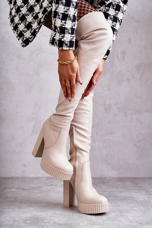 Шкіряні високі чоботи на платформі бежеві Katrina