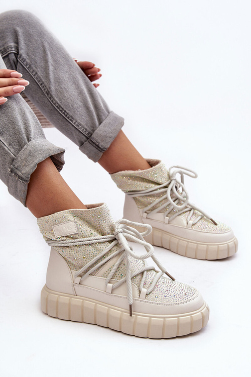 Жіночі стьобані зимові черевики зі стразами GOE MM2N4081 Бежеві