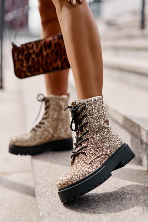 Утеплені жіночі робочі черевики, прикрашені блискітками золотого ліатеїну
