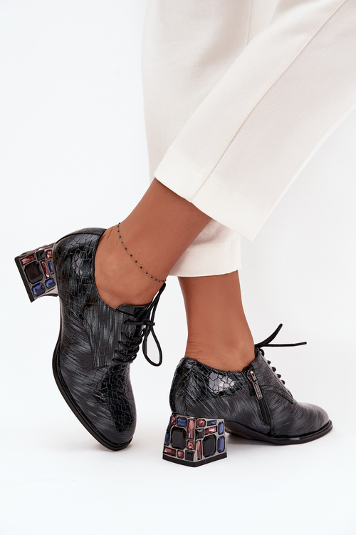 Шкіряне лакове жіноче взуття на підборах з кристалами Artiker 57C0072 сірі