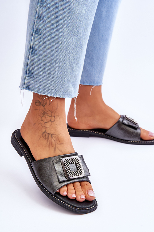 Жіночі шкіряні тапочки зі стразами S.Barski KV-2775-33 Темне срібло