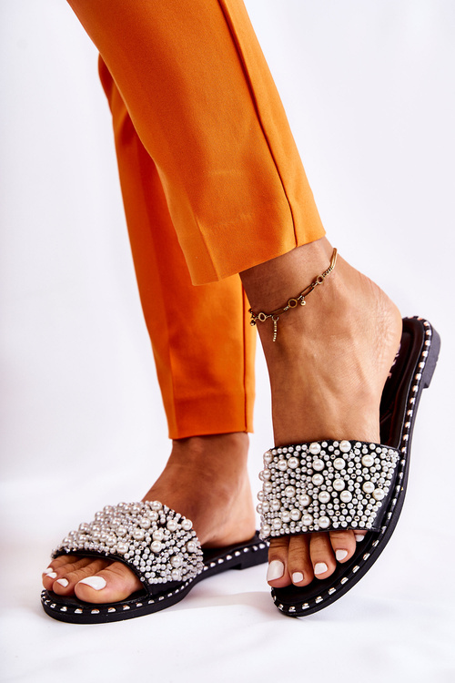 Жіночі тапочки з перлами Чорні Vamero