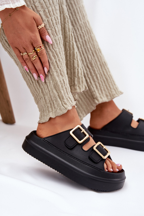 Жіночі Сандалі На Платформі З Золотими Пряжками Чорні Zorila