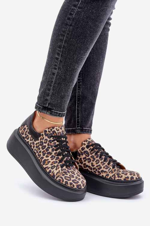 Шкіряні кросівки на платформі з леопардовим принтом Zazoo 3346 коричнево-чорні