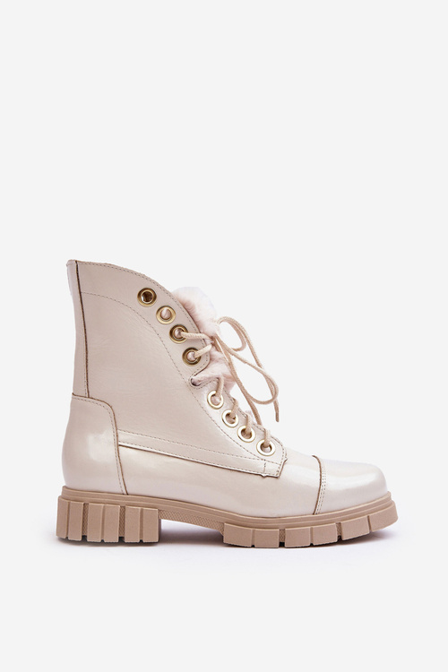 Шкіряні жіночі чоботи зі штучним хутром світло-бежеві Lewski 3296