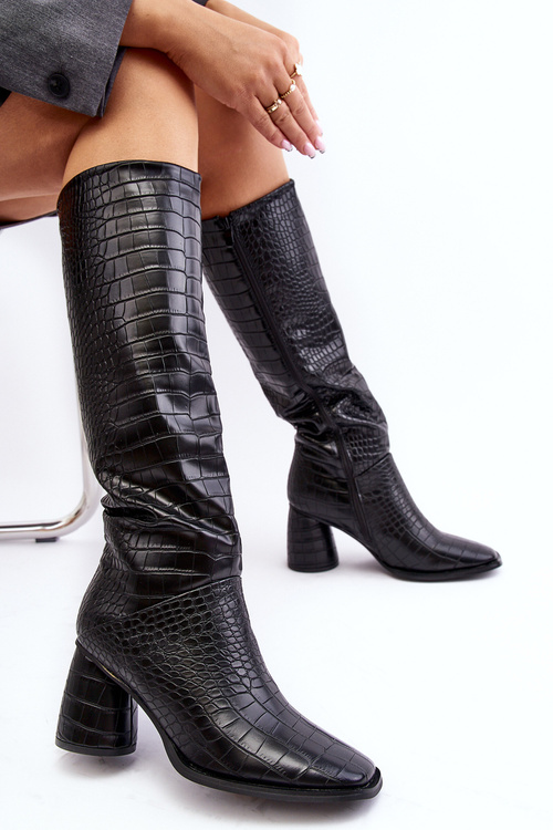 Жіночі високі чоботи на шпильці зі змійковим візерунком Black Ceriona