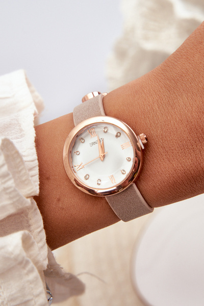 Жіночий годинник з тонким ремінцем з еко шкіри бежевий Ernest E62146