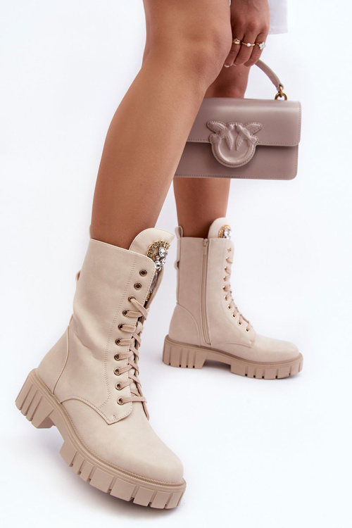 Шкіряні ботильйони з ювелірним декором бежеві Marx