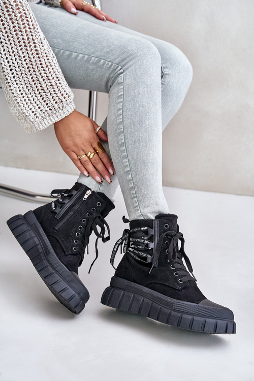 Чоботи жіночі на платформі з декоративною шнурівкою Чорні Edidda