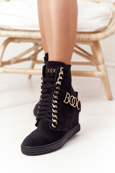 Жіночі замшеві кросівки на танкетці BOOCI 2222 Golden Letters Black