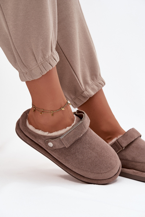 Жіночі капці з ремінцем Теплі з хутром Темно бежеві Rilena
