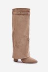 Жіночі еко-замшеві чоботи з підгорнутим верхом на підборах бежеві бралізе