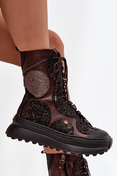 Шкіряні чоботи на платформі з підкладкою Maciejka 06565-02 коричнево-золоті