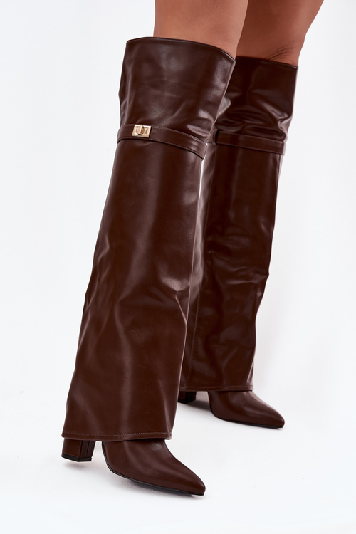 Теплі чоботи з підвернутим верхом над коліном каблук блок коричневі Serelle