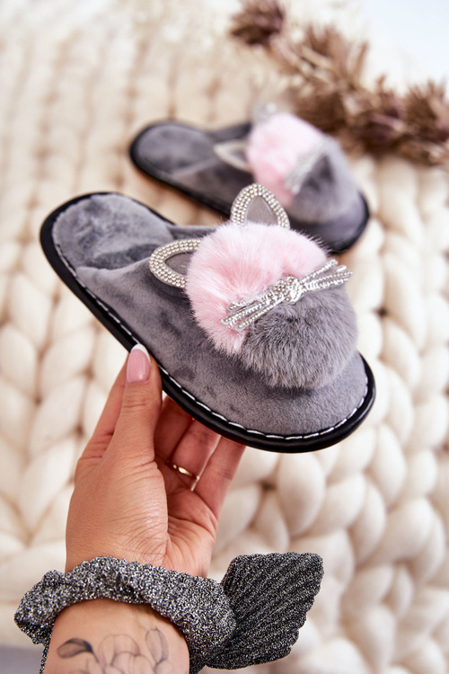 Дитячі тапочки з кошеням і стразами сірі Carliss