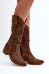 Ажурні жіночі чоботи Zazoo 3403 на низькому каблуці коричневі