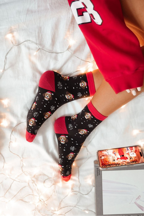 Жіночі Різдвяні Шкарпетки Щенята У Шапці Діда Мороза Чорні