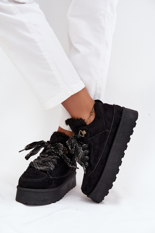 Шнурівка Жіночі Снігові Черевики На Платформі Обігріті Мехом Чорні Tavelle
