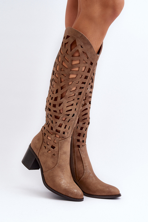 Коричневі мереживні чоботи на підборах Pinkema