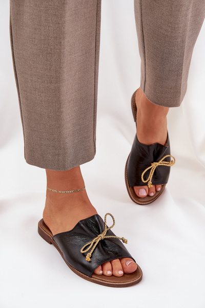 Шкіряні Плоскі Елегантні Сандалі З Бантиком Lewski 3572 Чорні