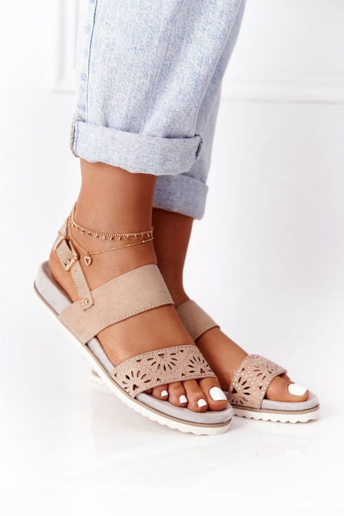 Замшеві босоніжки з кубічним цирконієм бежевого кольору