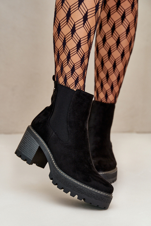 Жіночі теплі ботильйони на каблуці Еко Замша Чорні Irissinae