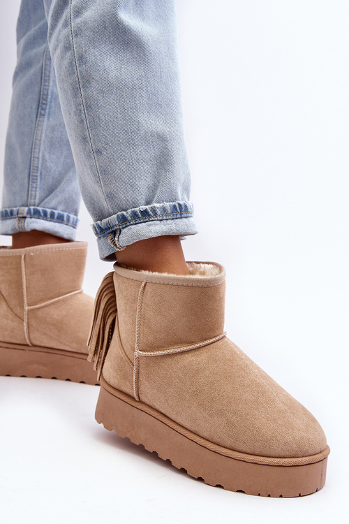 Жіночі снігові черевики на масивній платформі з бахромою бежевого кольору Lirico