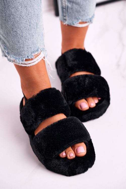 Жіночі пухнасті тапочки на платформі Чорні Cotton Candy