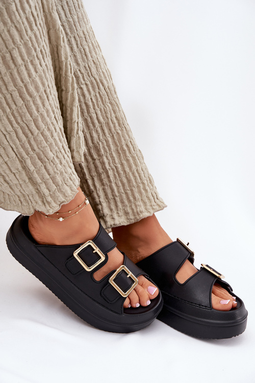 Жіночі Сандалі На Платформі З Золотими Пряжками Чорні Zorila