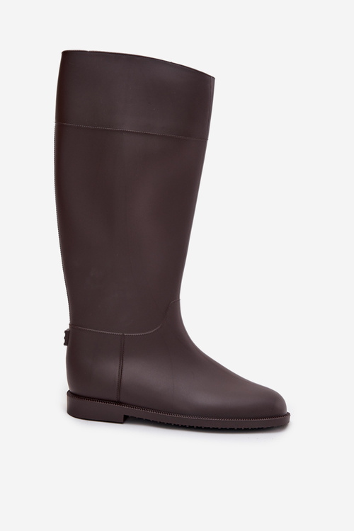 Високі жіночі гумові чоботи на плоскому підборі шоколадні Melianne
